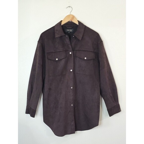 Truth By Republic Brown Suede Button Up Shirt Womens Large Long Sleeve Faux - Picture 1 of 10